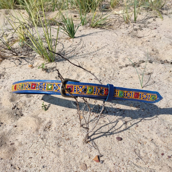 Hand Embroidered leather belt (blue)